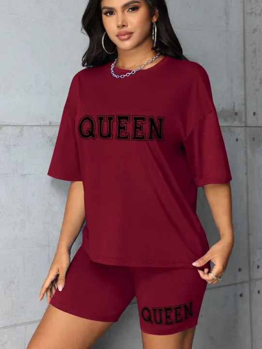Plus%20Size%20Fashionable%20All-Match%20Shorts%20Short-Sleeved%20Suit%20Queen%20Letter%20Print%20Simple%20and%20Comfortable%20Two-Piece%20Suit%202024%20New%20-%20Image%203