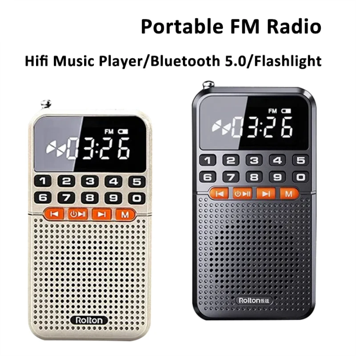Mini Portable Bluetooth 5.0 FM Radio Dual Antenna Pocket Radio Receiver Speaker TF Card Music Player with LED Flashlight