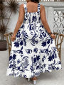 Plus Size 2025 Summer New Holiday Floral Halter Dress with Ruffle Hem and Gathered Bust Plus Size Dress Polyester. 