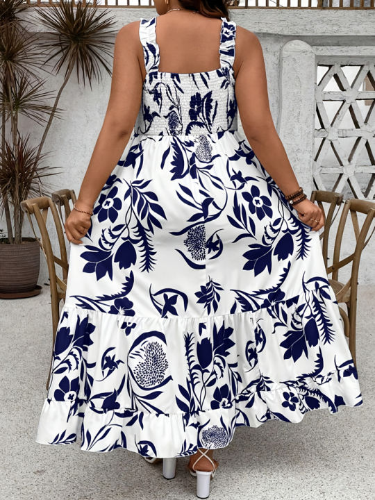 Plus%20Size%202025%20Summer%20New%20Holiday%20Floral%20Halter%20Dress%20with%20Ruffle%20Hem%20and%20Gathered%20Bust%20Plus%20Size%20Dress%20Polyester%20-%20Image%203