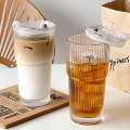 Large Capacity Stripe Glass Coffee Cup With Lid Cover Straw Transparent Drinking Glasses For Juice Iced Coffee Mugs Drinkware.