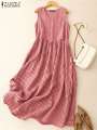 ZANZEA Summer Plaid Checked Sundress Sleeveless Bohemain Holiday Dresses Women Elegant O Neck Dress Casual Baggy Work Vestidos. 