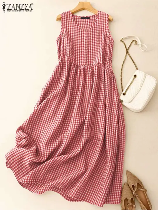 ZANZEA%20Summer%20Plaid%20Checked%20Sundress%20Sleeveless%20Bohemain%20Holiday%20Dresses%20Women%20Elegant%20O%20Neck%20Dress%20Casual%20Baggy%20Work%20Vestidos%20-%20Image%202