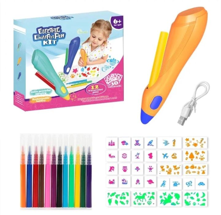 Kids Electric Graffiti Pen Set Magic Spray Washable Art Painting Markers Airbrush BlowPen Rechargeable 4 Stencils Doodle Drawing