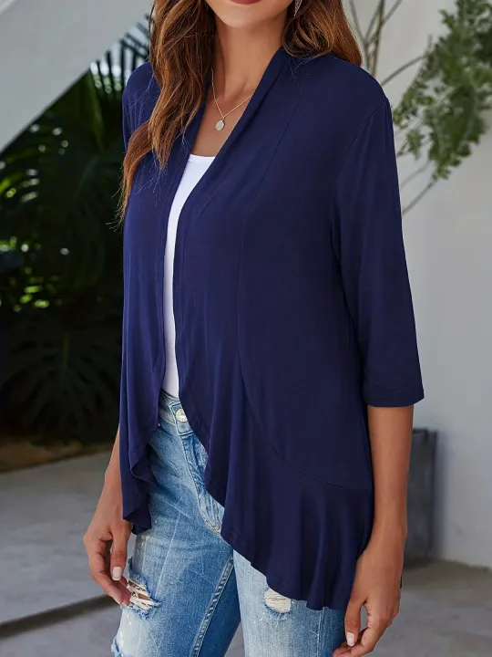 Plus%20Size%20V-neck%20Loose%20Pleated%20Cardigans%20Casual%20Frill%20Solid%203/4%20Sleeve%20Spring%20Summer%20Fall%20Cardigan%20Plus%20Size%20Women's%20Clothing%20-%20Image%203
