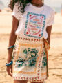 Summer New Fashion Women's Beach Style Short Skirt Printed Retro Vacation Style Covering Casual Elegant Half Skirt.