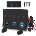 DaierTek 5 Gang Boat Switch Panel Waterproof Car Switch Panel 2.4A Dual USB Port 12V Outlet Digital Voltmeter Blue LED For Auto. 