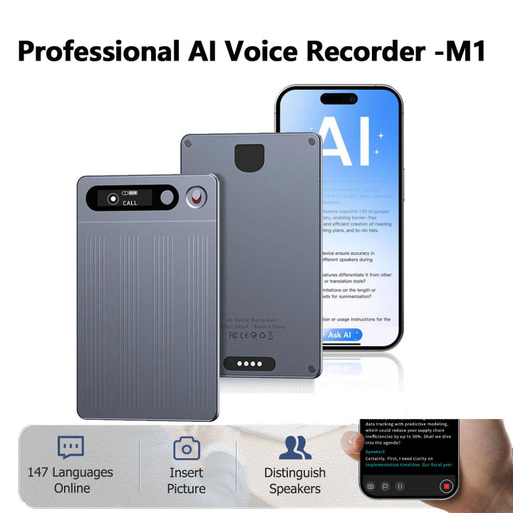 M1 Portable AI Voice Recorder with App Control Support 134 Languages Advanced AI Transcription And Summarization