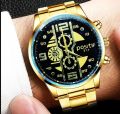 3 Pcs /Mens Fashion Golden Jewelry Deal Top class Casual  Watch + Braclet+Nacklace For Men/Boys Trendy Watch In Random Dial Designs. 