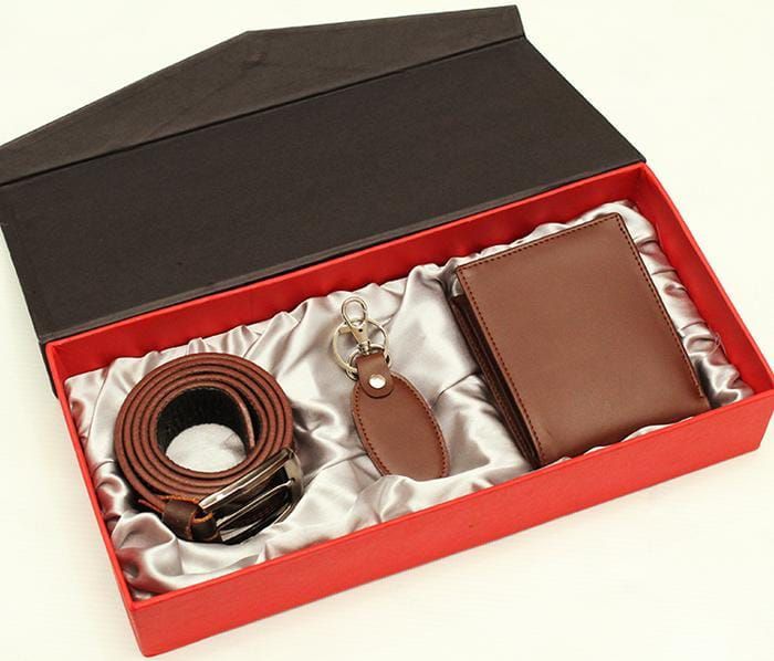 GIFT SET 3 Pieces Full Size Wallet, Keychain & Belt Cow leather