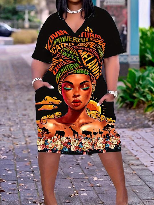 Plus Size Woman & Letter Print Pocket Dress Casual V Neck Short Sleeve Dress For Spring & Summer Women's Plus Size Clothing
