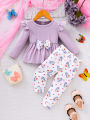 Baby Girl Spring Autumn Casual Butterfly Purple Top Floral Pants Two-Piece Set Infant Clothing Outfit. 