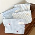 Light Blue Striped Bow Cosmetic Bag, Women Travel Makeup Organizer with Zipper, Multi-Use Toiletry Pouch. 