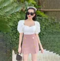 (Freesize) gold button front waist woolen skirt pants (m6877). 