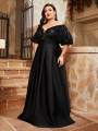 Mgiacy plus size Line neck puffy sleeve satin spliced sequin retraction long skirt Evening gown PROM dress Party dress.