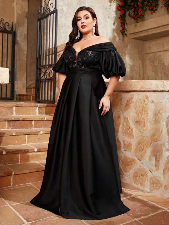 Mgiacy%20plus%20size%20Line%20neck%20puffy%20sleeve%20satin%20spliced%20sequin%20retraction%20long%20skirt%20Evening%20gown%20PROM%20dress%20Party%20dress%20-%20Image%206
