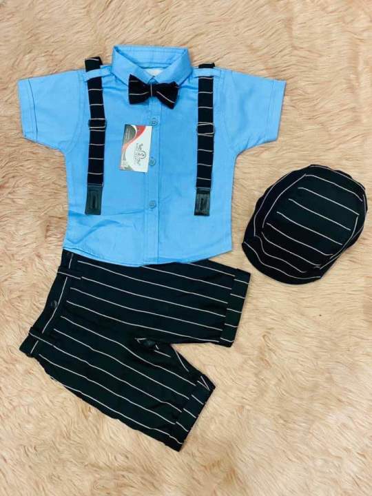 5 pcs party dress set for 6 month to 7 years kids with half sleeve shirt , half pant , cap , bow tie and suspender