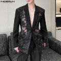 INCERUN Men Blazer Mesh Patchwork Lace Transparent Lapel Long Sleeve Casual Suits Men Streetwear 2024 One Button Fashion Coats.