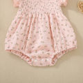 Summer female infant pink short-sleeved flower and plant print triangular Romper and bow headscarf two-piece set. 