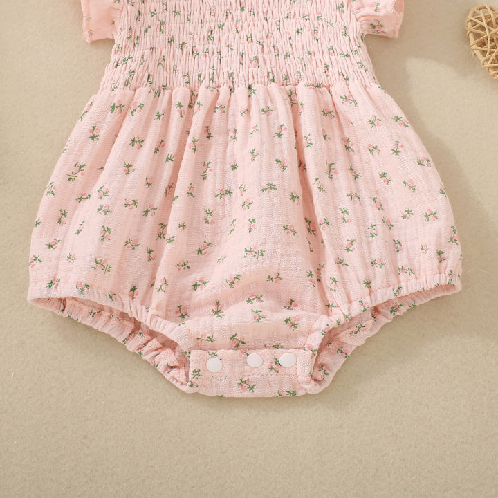 Summer%20female%20infant%20pink%20short-sleeved%20flower%20and%20plant%20print%20triangular%20Romper%20and%20bow%20headscarf%20two-piece%20set%20-%20Image%205