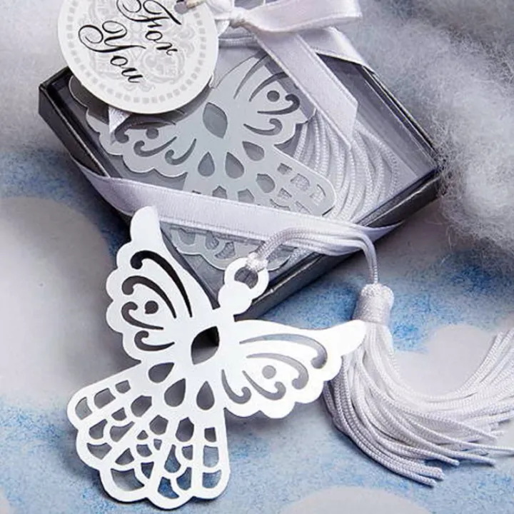 5PCS Metal Angel Silver Bookmark White Ribbon Tassel Snow Bookmark for Wedding Baptism Baby Shower Souvenirs Party Giveaway Gift