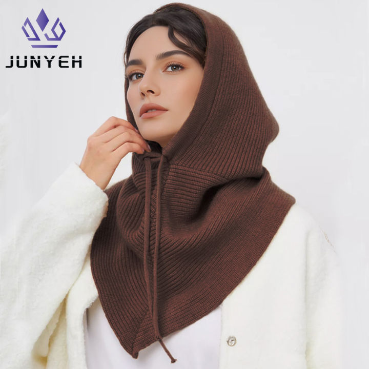 Winter Balaclava Hat Scarf for Women Knitted Hooded Caps Outdoor Warm One-Piece Neck Collar Beanies Hats for Girls