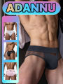 Men's Cotton Underwear Mesh Fabric Patching Sheer Comfortable Breathable High Elasticity Large Pocket Brifs Fashion Underpant.