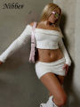 Nibber Solid Furry Two Piece Set Women Autumn Winter Elegant Slash Neck Crop Tops+Mini Skirts Casual Skinny Streetwear Outfits.