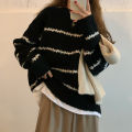 Women Sweater Casual Pullovers Autumn Winter Basics Knitted Korean Loose Striped O-neck Long Sleeve Elegance Sweet.