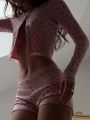 Women 2 Piece Outfit French Style Floral Lace Long Sleeve Top Shorts Set Casual Pajamas Tracksuit Club Party Lounge.