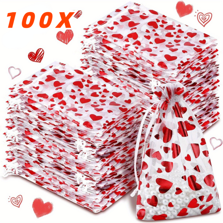 100PCS Valentines Day Organza Bags Drawstring Organza Jewelry Pouches Bulk Wedding Party Favor Mini Candy Mesh for Party