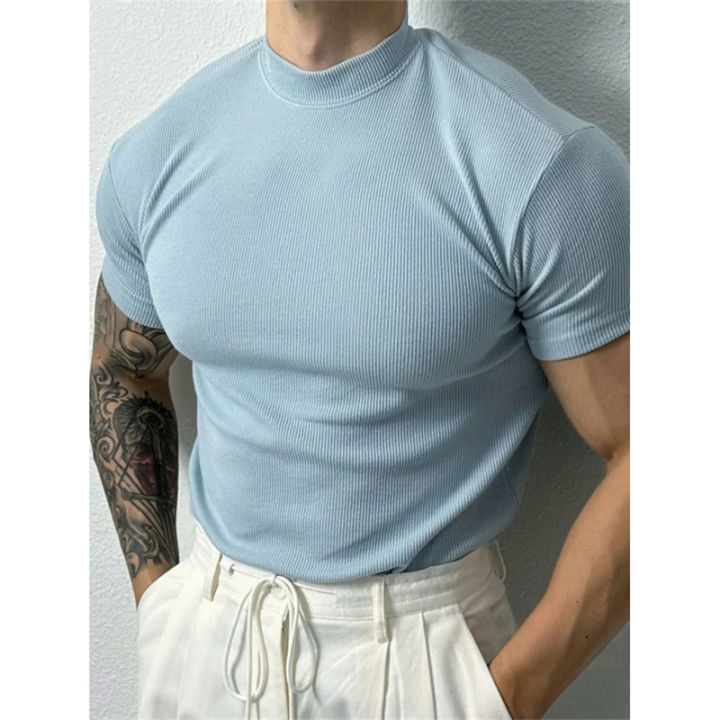 Spring%20Summer%20Elastic%20Men's%20T-Shirt%20Small%20High%20Collar%20Stripe%20Shirt%20Short%20Sleeve%20Fitness%20Top%20Leisure%20Sport%20T-Shirt%20Men%20Sportswear%20-%20Image%204
