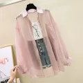 Turn-Down Neck Long Sleeve See-through Thin Shirt And Blouses Loose Women Clothing Casual Solid OL Top 2024 Lady Trend Simple. 