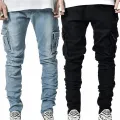 Street Elastic Jeans Men Denim Cargo Pants Wash Solid Color Multi Pockets Casual Mid Waist Trousers Slim Fit Daily Wear Joggers. 