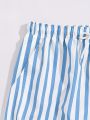Men's Light Blue & White Striped Swim Shorts with Elastic Drawstring Waist Breathable Quick-Dry Summer Outdoor Activities. 