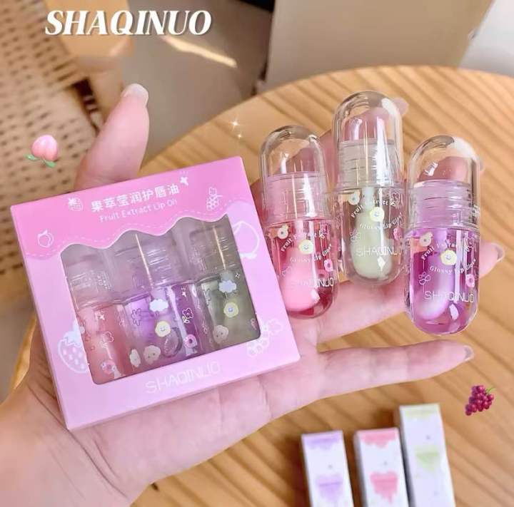 Shaqinuo 1/3Pcs Fruit Lip Oil Set Transparent Jelly Mirror Water Lip Gloss Nourishing Moisturising Anti-Dry Lips Plumping Makeup Lip Care