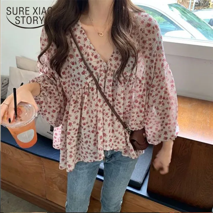 2025 Spring V-neck Chiffon Shirt Women Sweet Tops Blouse New Korean Floral Print Long Sleeve Casual Loose Slim Lady Clothes 9307