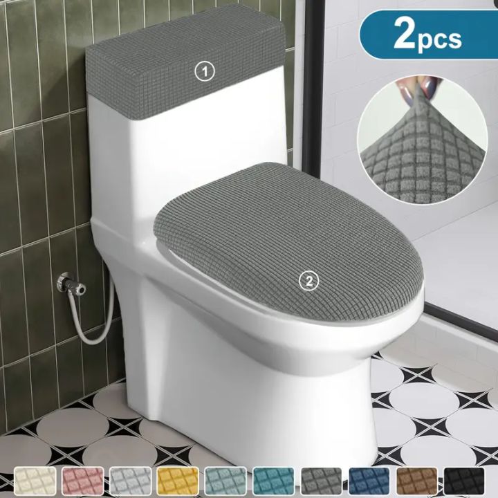 Polar Fleece Toilet Lid Cover and Toilet Tank Cover 2pcs/set Elastic Toilet Covers Removable Solid Color for Home Hotel Bathroom