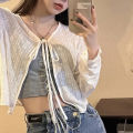 2026 White Tie Up Summer Cardigan Women  Long Sleeve Sheer Mesh Crop Tops Woman Chic All Match Short Printed T Shirt Mujer. 