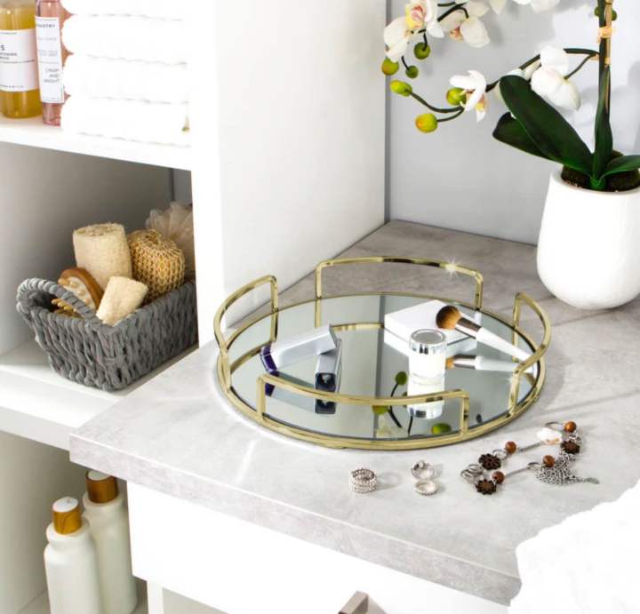 Home Details Modern Round Design Matte Black Mirrored Vanity Tray for Dresser, Perfume, Desk, Cosmetic & Jewelry Organizer,
