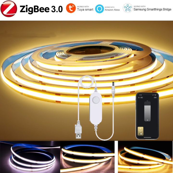5V USB Tuya Zigbee 3.0 COB LED Strip Light 1m-5m Warm White Flexible Dimmable Lights 320leds/m Home Decoration for Alexa 