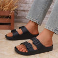 Men's Casual Simple Buckle-Adjustable Eva One-Piece Double-Bar Flat-Soled Slip-On Slippers for Home or Outdoor Beach Use. 