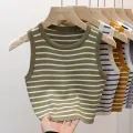 Summer Spring Striped Tank Tops Women Sleeveless Knitted T-Shirts Crop Tops Female Elastic Slim Casual Vests Pullover Camis. 