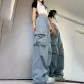 Women Y2K Cargo Pants High Waist Streetwear Hip Hop Trousers Female Big Pockets Casual Low Waist Drawstring Baggy Sweatpants. 