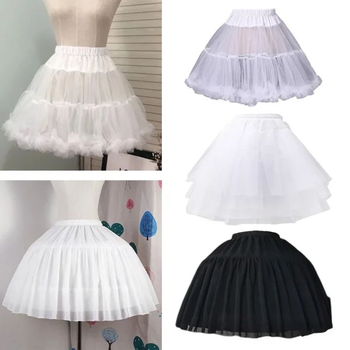 Women Girls Ruffled Short Petticoat With/No Hoop Solid Color Fluffy Bubble Tutu Skirt Puffy Half Slip Prom Crinoline Underskirt