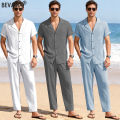 Men Beach Short Sleeve Shirt Pants Set Summer Casual Ice Silk Polo Shirt Long Pants 2-Piece Set Trendy Daily Male Suit. 