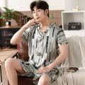Pajamas Men Ice Silk Short-Sleeved Student Homewear Two-Piece Set of Easy-to-Clean Short-Sleeved Shorts Nightwear Loungewear. 