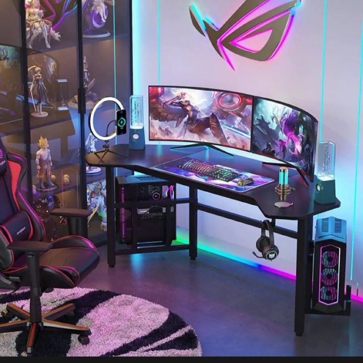 66.5" Gaming Desk, Ergonomic Wing Shaped Gaming Computer Desk with Hoster Holder Headphone Hook for Home Office, Black |