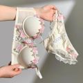 MOYISU Victorian Underwear Set - Delicate Cream Bralette with Floral Stitch, Retro Sweetheart Neckline for Petite Bust Elegance. 