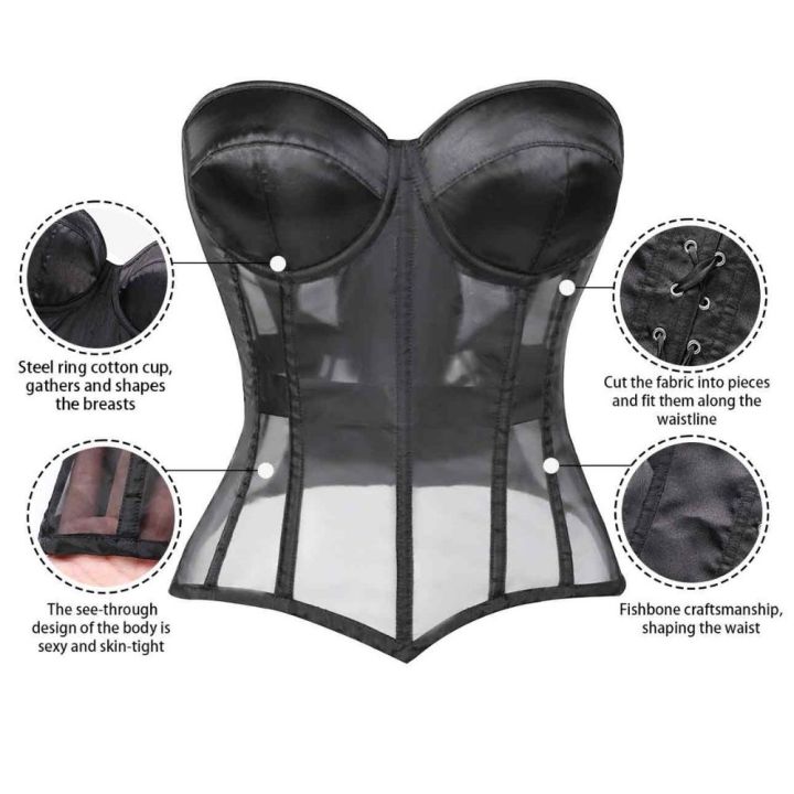 Women%20Sheer%20Mesh%20Overbust%20Corset%20Top%20Satin%20Padded%20Cup%20Strapless%20Back%20Lace%20Up%20Nightclub%20Party%20Bustier%20-%20Image%205